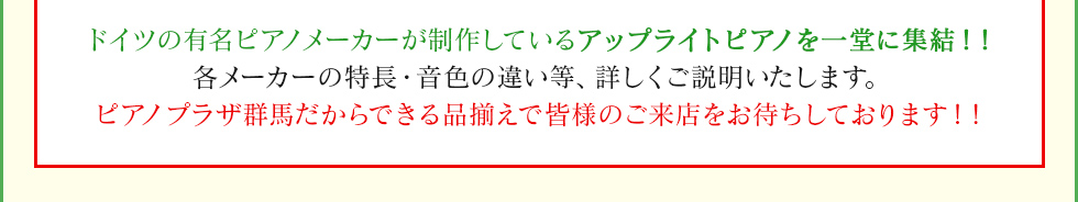 ドイツの有名ピアノメーカーが制作しているアップライトピアノを一堂に集結!!各メーカーの特長・音色の違い等、詳しくご説明いたします。ピアノプラザ群馬だからできる品揃えで皆様のご来店をお待ちしております!!